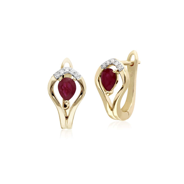 gemondo Classic Round Ruby & Diamond Leaf Halo Lever back Earrings in 9ct Yellow Gold