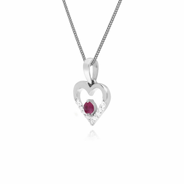Gemondo Classic Round Ruby & Diamond Love Heart Shaped Pendant In 9ct White Gold