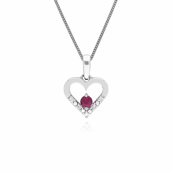 gemondo Classic Round Ruby & Diamond Love Heart Shaped Pendant in 9ct White Gold
