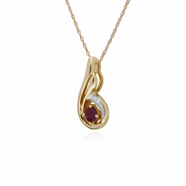 Gemondo Classic Round Ruby & Diamond Spiral Drop Pendant In 9ct Yellow Gold