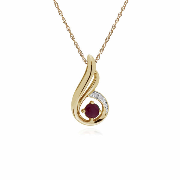 gemondo Classic Round Ruby & Diamond Spiral Drop Pendant in 9ct Yellow Gold