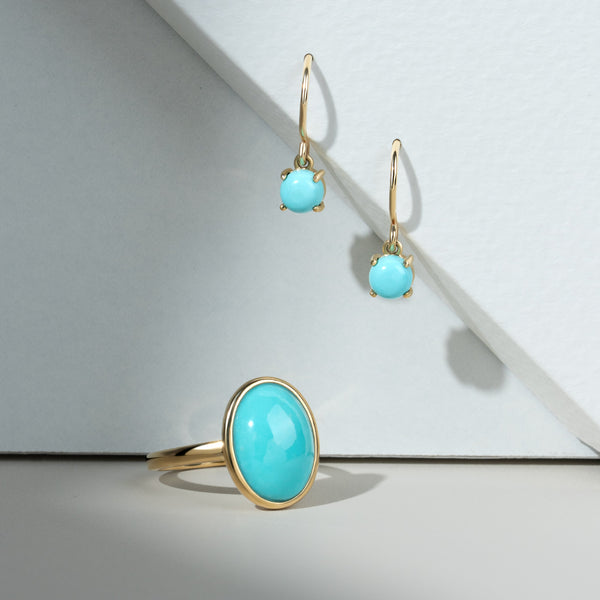 Gemondo Classic Round Turquoise Cabochon Drop Earrings In 9ct Yellow Gold