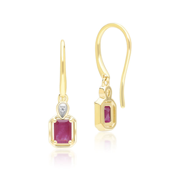 Gemondo Classic Ruby Baguette & Diamond Drop Earrings In 9ct Yellow Gold