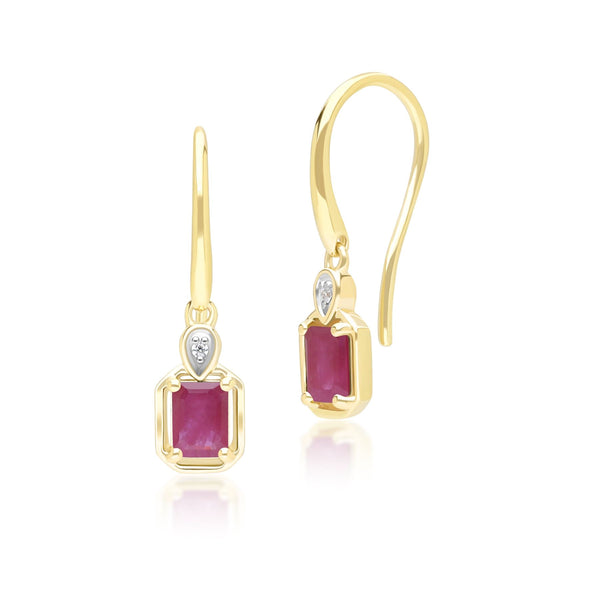 gemondo Classic Ruby Baguette & Diamond Drop Earrings In 9ct Yellow Gold