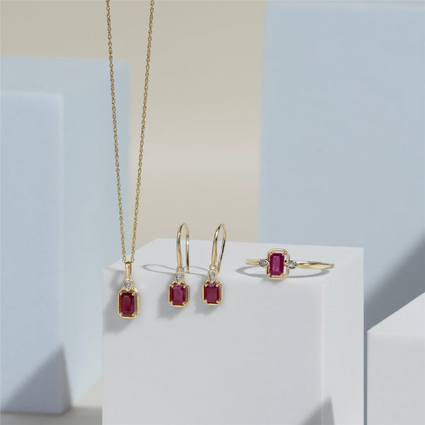Gemondo Classic Ruby Baguette & Diamond Pendant Necklace In 9ct Yellow Gold