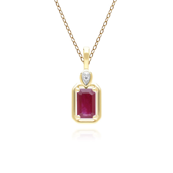 gemondo Classic Ruby Baguette & Diamond Pendant Necklace In 9ct Yellow Gold