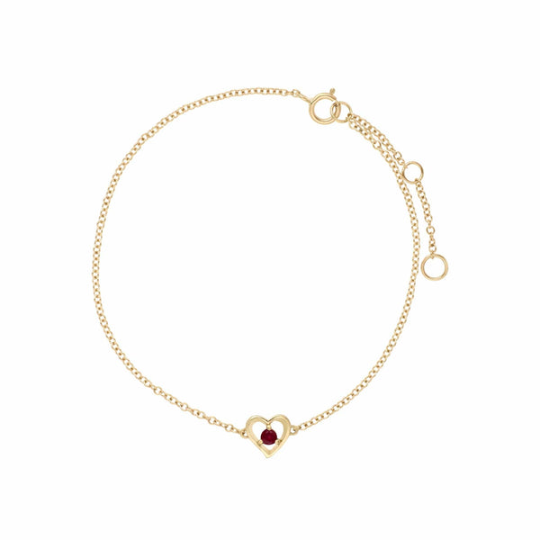 gemondo Classic Single Stone Round Ruby Love Heart Bracelet in 9ct Yellow Gold
