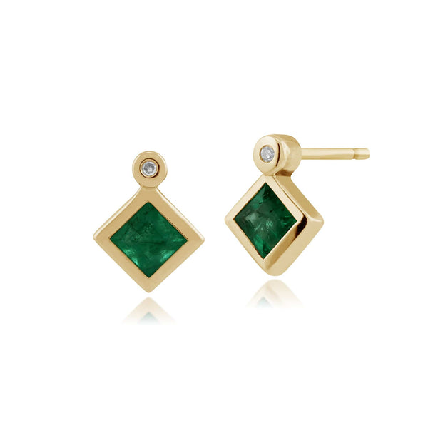gemondo Classic Square Emerald & Diamond Bezel Set Stud Earrings in 9ct Yellow Gold