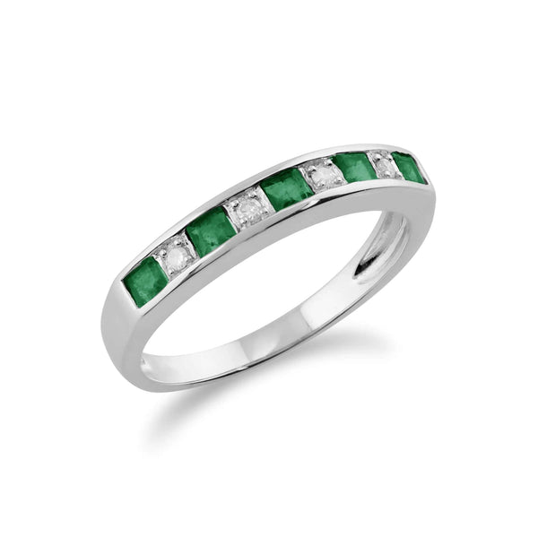 gemondo Classic Square Emerald & Diamond Half Eternity Ring 9ct White Gold