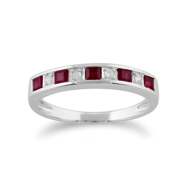 gemondo Classic Square Ruby & Diamond Half Eternity Ring 9ct White Gold