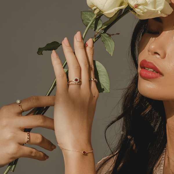 Gemondo Classic Square Ruby & Diamond Half Eternity Ring In 9ct Yellow Gold