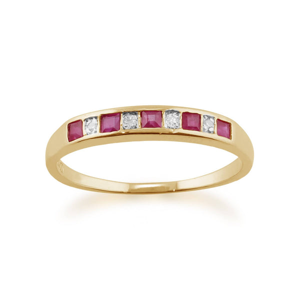gemondo Classic Square Ruby & Diamond Half Eternity Ring in 9ct Yellow Gold