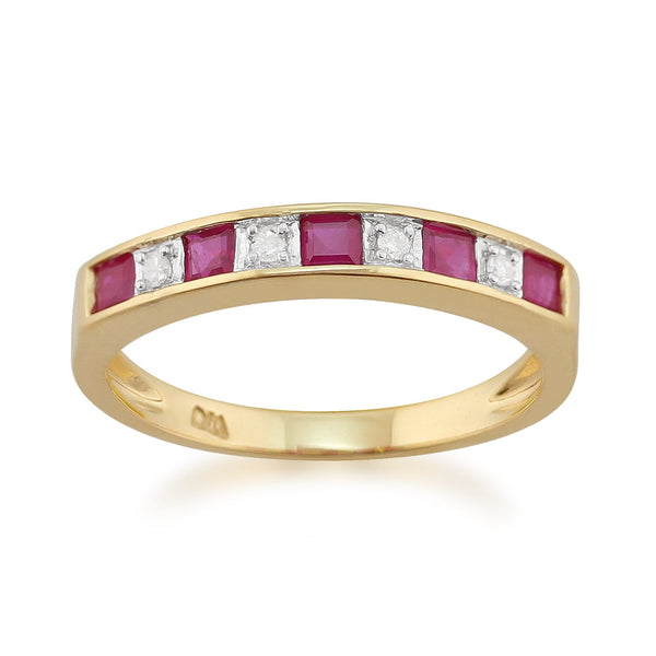 gemondo Classic Square Ruby & Diamond Half Eternity Ring in 9ct Yellow Gold