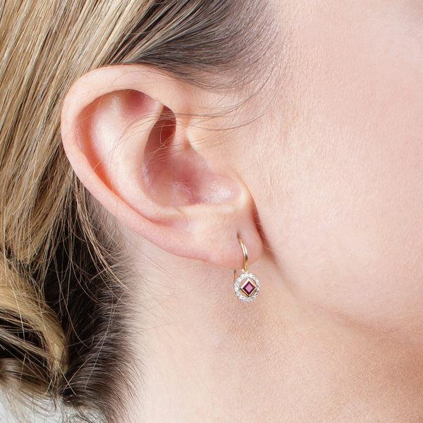 Gemondo Classic Square Ruby & Diamond Halo Drop Earrings In 9ct Yellow Gold