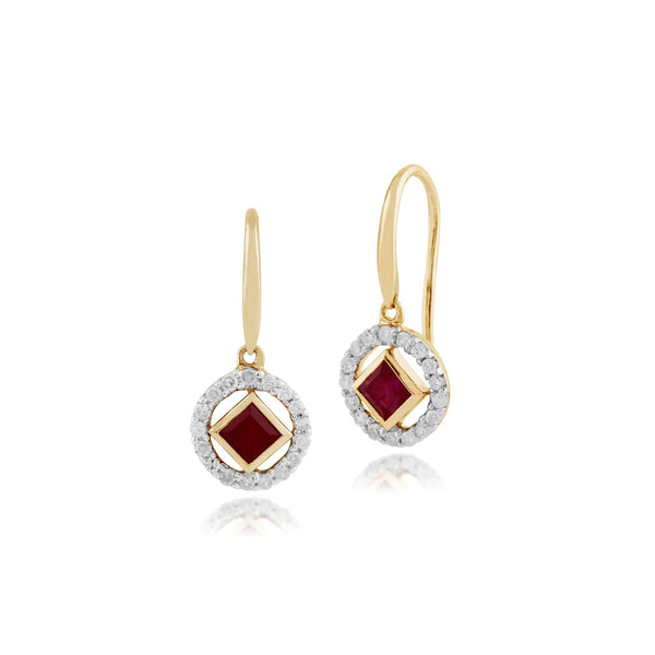 gemondo Classic Square Ruby & Diamond Halo Drop Earrings in 9ct Yellow Gold