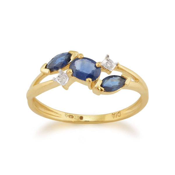 gemondo Contemporary Marquise Light Blue Sapphire & Diamond Three Stone Ring in 9ct Yellow Gold