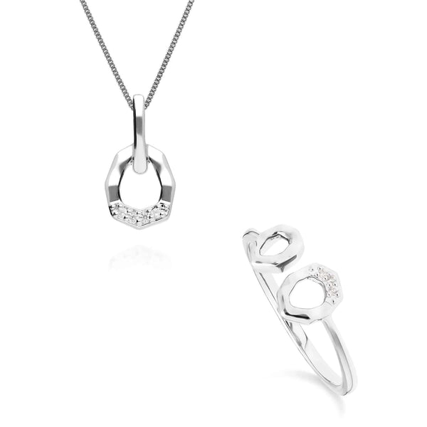 gemondo Diamond Pave Asymmetrical Pendant & Ring Set in 9ct White Gold