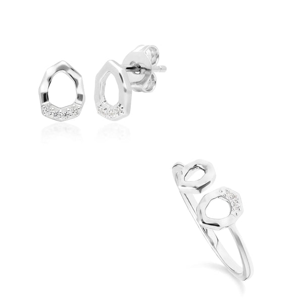 gemondo Diamond Pave Asymmetrical Stud Earring & Ring Set in 9ct White Gold