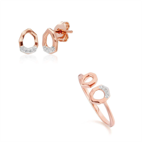 gemondo Diamond Pave Asymmetrical Stud Earring & Ring Set in 9ct Rose Gold