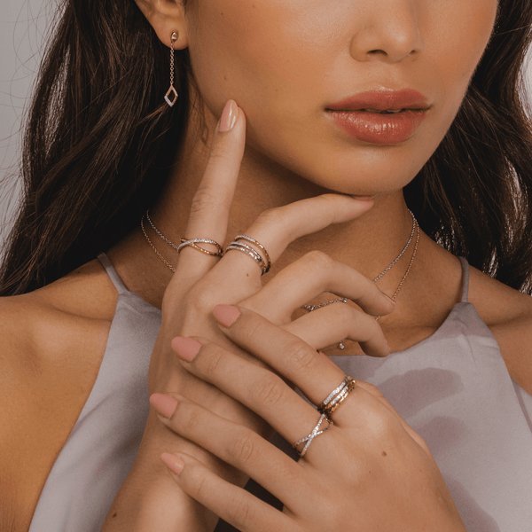 Gemondo Diamond Pavé Hammered Double Band Ring In 9ct Yellow Gold