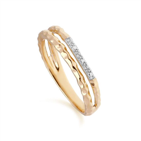 gemondo Diamond Pavé Hammered Double Band Ring in 9ct Yellow Gold