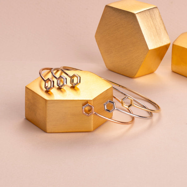 Gemondo Diamond Pavé Hexagon Open Bangle In 9ct Yellow Gold