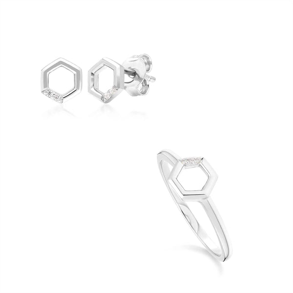 gemondo Diamond Pave Hexagon Stud Earring & Ring Set in 9ct White Gold