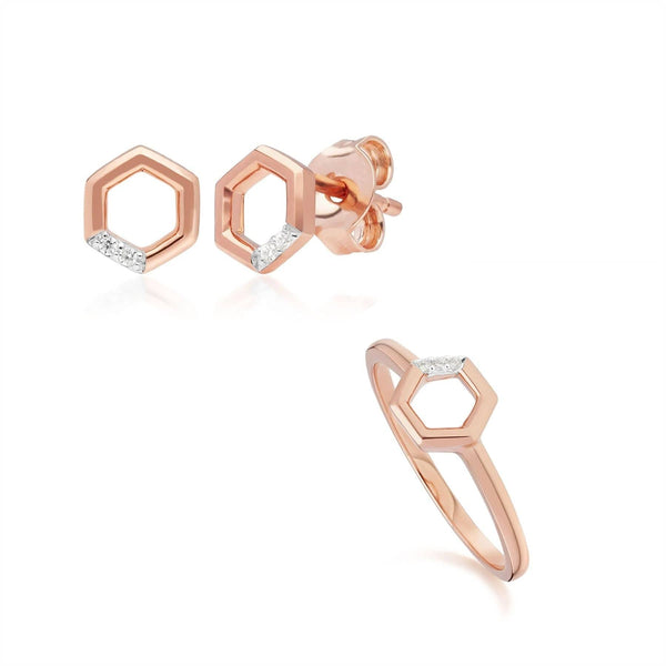 gemondo Diamond Pave Hexagon Stud Earring & Ring Set in 9ct Rose Gold