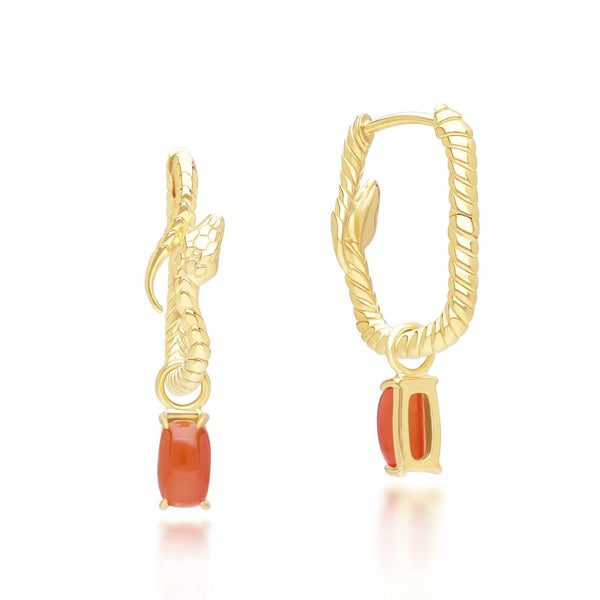 Gemondo ECFEW™ Carnelian Snake Dangle Hoop Earrings In Gold Plated Sterling Silver