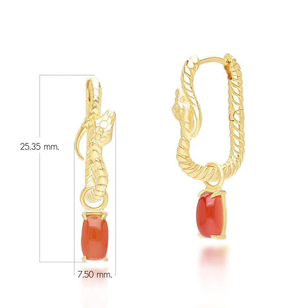 Gemondo ECFEW™ Carnelian Snake Dangle Hoop Earrings In Gold Plated Sterling Silver