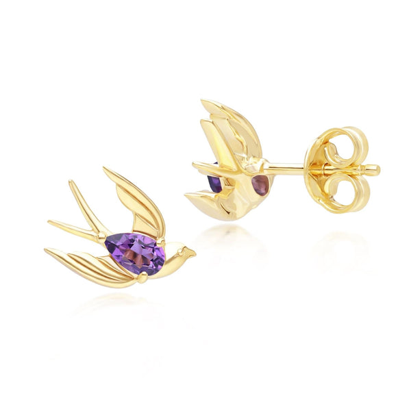 Gemondo ECFEW™ Creator Amethyst Hummingbird Stud Earrings In Gold Plated Sterling Silver