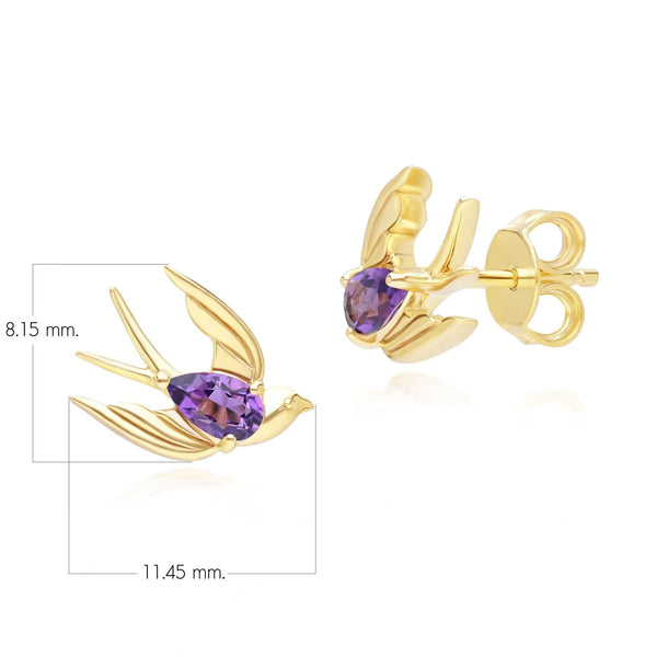 Gemondo ECFEW™ Creator Amethyst Hummingbird Stud Earrings In Gold Plated Sterling Silver