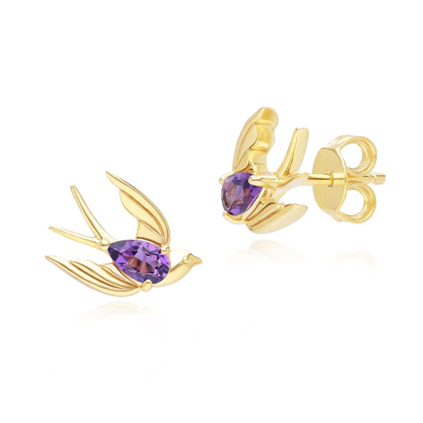 gemondo ECFEW™ Creator Amethyst Hummingbird Stud Earrings in Gold Plated Sterling Silver