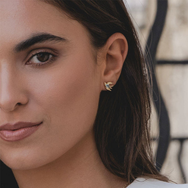 Gemondo ECFEW™ Creator Blue Topaz Hummingbird Stud Earrings In Gold Plated Sterling Silver