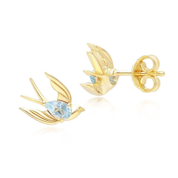 Gemondo ECFEW™ Creator Blue Topaz Hummingbird Stud Earrings In Gold Plated Sterling Silver