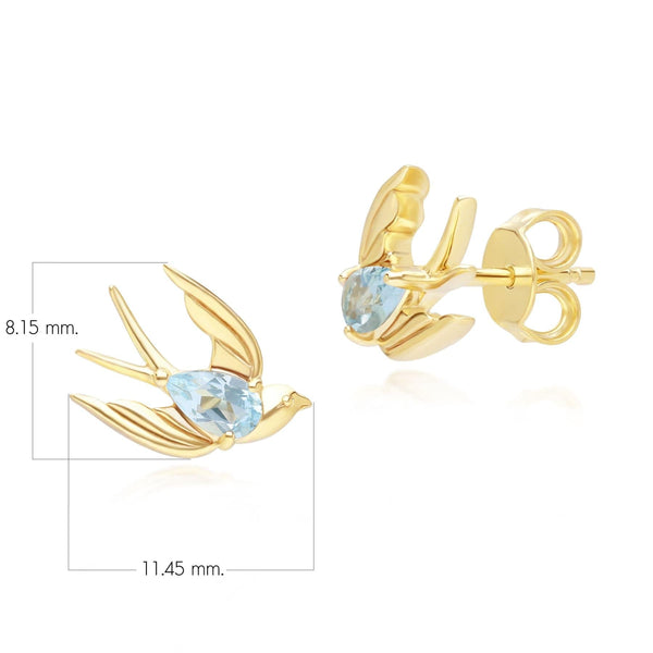 Gemondo ECFEW™ Creator Blue Topaz Hummingbird Stud Earrings In Gold Plated Sterling Silver