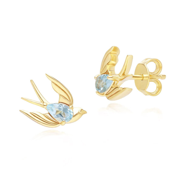 gemondo ECFEW™ Creator Blue Topaz Hummingbird Stud Earrings in Gold Plated Sterling Silver