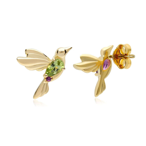 Gemondo ECFEW™ Creator Mismatched Peridot & Rhodolite Hummingbird Stud Earrings In Gold Plated Sterling Silver