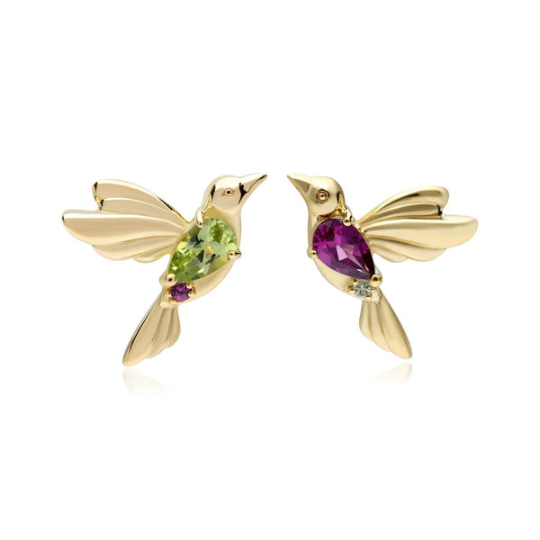 gemondo ECFEW™ Creator Mismatched Peridot & Rhodolite Hummingbird Stud Earrings in Gold Plated Sterling Silver