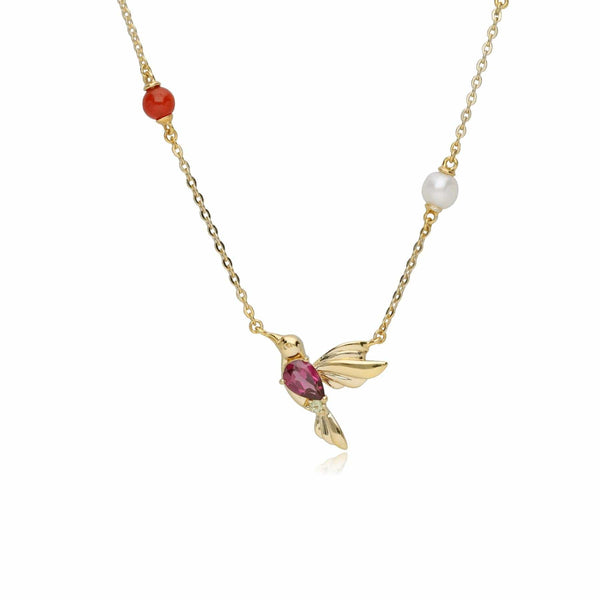 gemondo ECFEW™ Creator Rhodolite Peridot Malachite & Dyed Carnelian Hummingbird Necklace in Gold Plated Sterling Silver gemondo ECFEW™ Creator Rhodolite Peridot Malachite & Dyed Carnelian Hummingbird Necklace in Gold Plated Sterling Silver