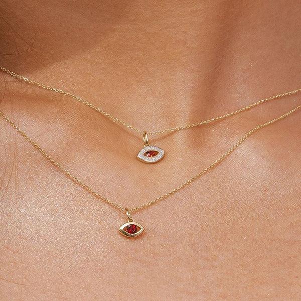 Gemondo ECFEW™ Dainty Evil Eye Garnet & Diamond Pendant In 9ct Yellow Gold