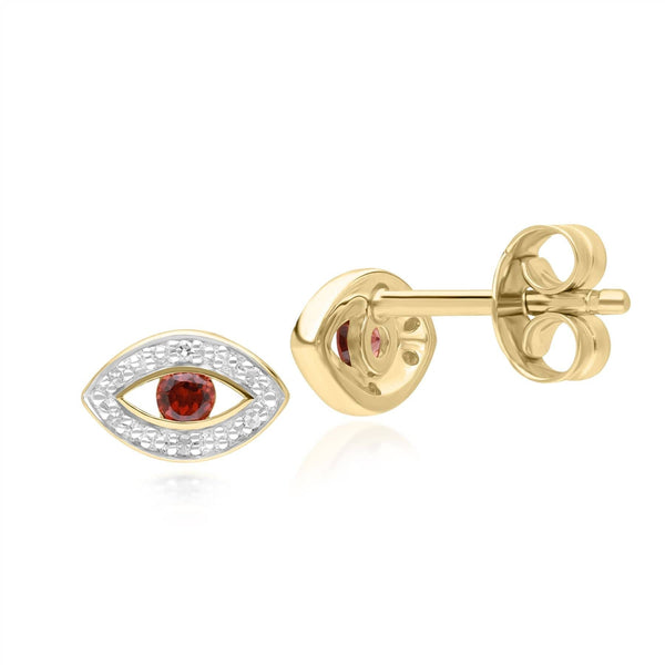 Gemondo ECFEW™ Dainty Evil Eye Garnet & Diamond Stud Earrings In 9ct Yellow Gold