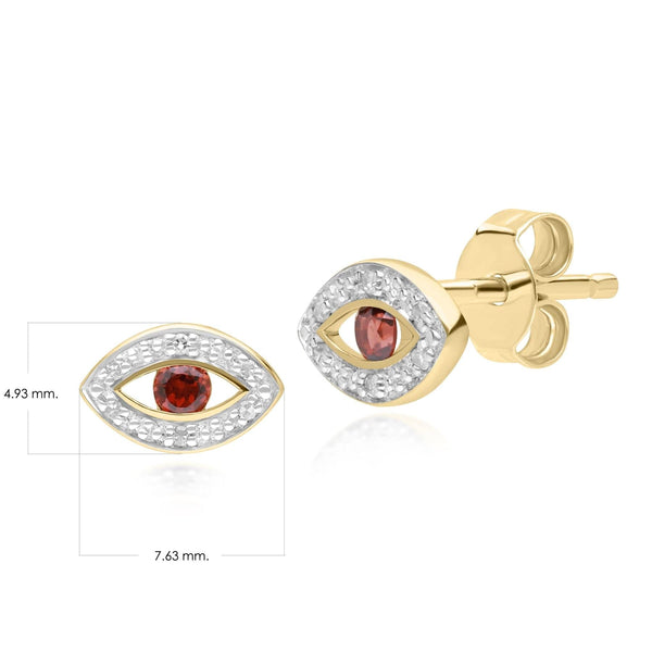 Gemondo ECFEW™ Dainty Evil Eye Garnet & Diamond Stud Earrings In 9ct Yellow Gold