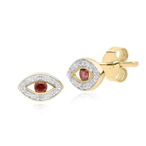 gemondo ECFEW™ Dainty Evil Eye Garnet & Diamond Stud Earrings in 9ct Yellow Gold