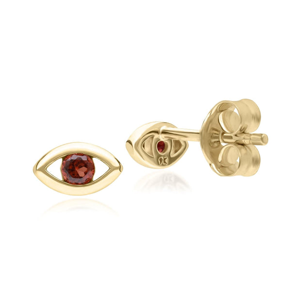 Gemondo ECFEW™ Dainty Evil Eye Garnet Stud Earrings In 9ct Yellow Gold