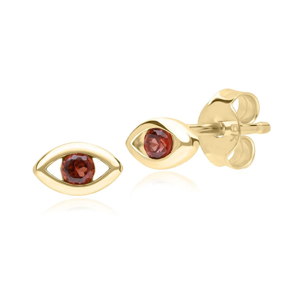 gemondo ECFEW™ Dainty Evil Eye Garnet Stud Earrings in 9ct Yellow Gold
