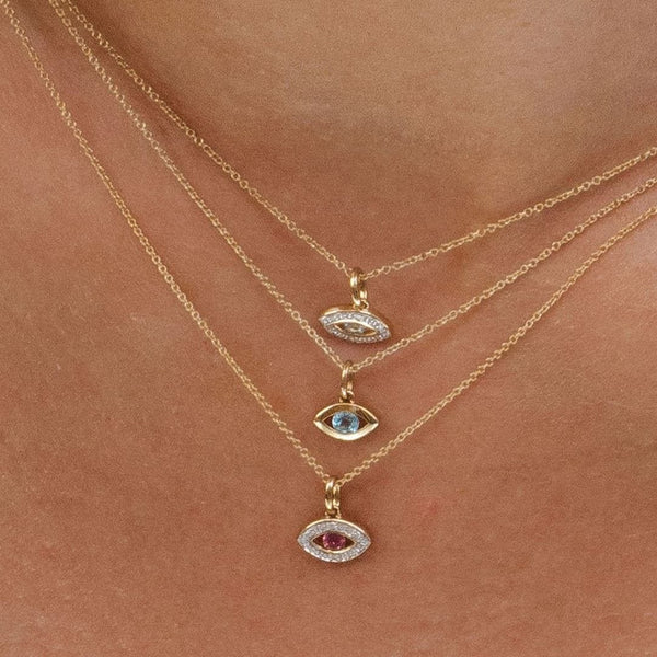 Gemondo ECFEW™ Dainty Evil Eye Pink Tourmaline & Diamond Pendant In 9ct Yellow Gold