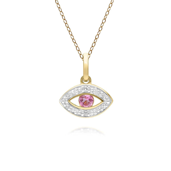 gemondo ECFEW™ Dainty Evil Eye Pink Tourmaline & Diamond Pendant in 9ct Yellow Gold