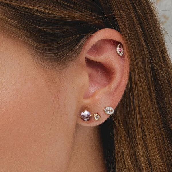 Gemondo ECFEW™ Dainty Evil Eye Pink Tourmaline & Diamond Stud Earrings In 9ct Yellow Gold