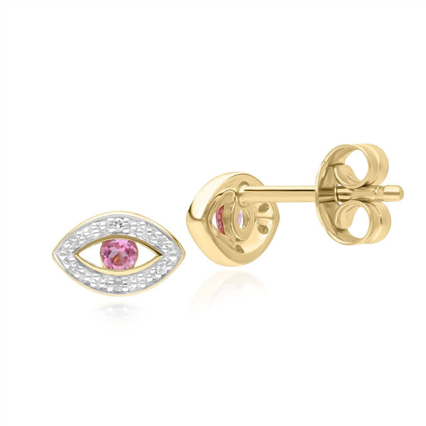 Gemondo ECFEW™ Dainty Evil Eye Pink Tourmaline & Diamond Stud Earrings In 9ct Yellow Gold